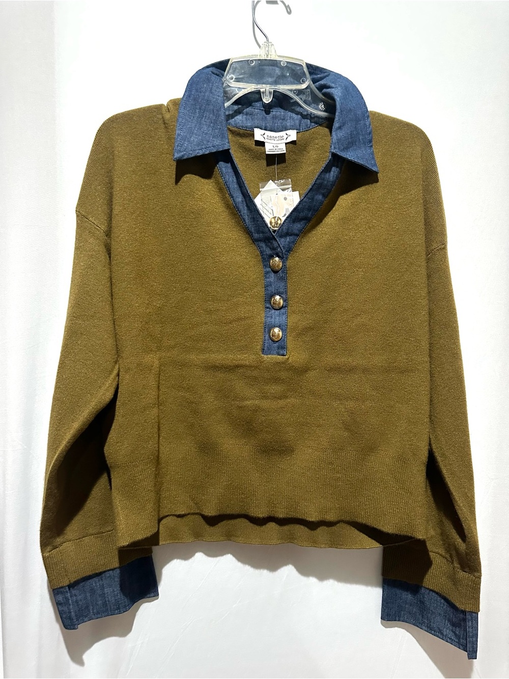 Nanette Lepore Women's Olive Green Knit Polo Sweater with Denim Trim - Size L